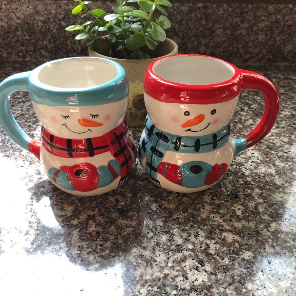 Christmas Bay Island Snowman Mugs Cups Set of 2 Hot Chocolate Coffee Winter